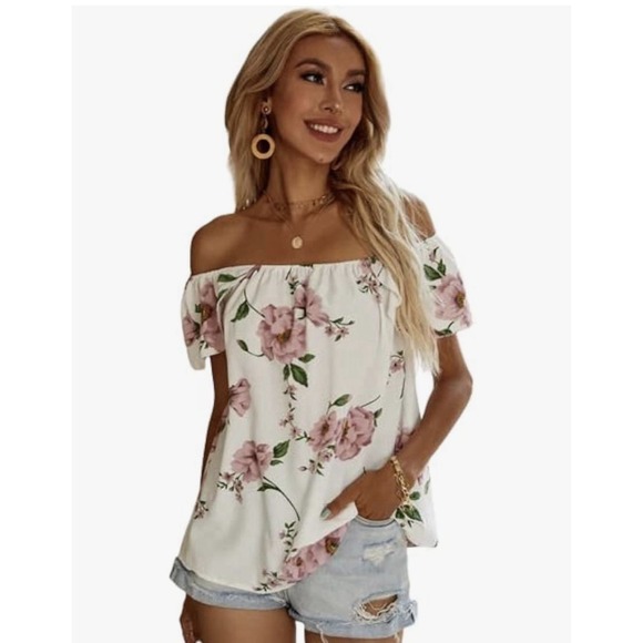 Shein Flower White & Pink Off The Shoulder Small (S)‎ (4) Blouse Short Sleeve - Picture 3 of 10